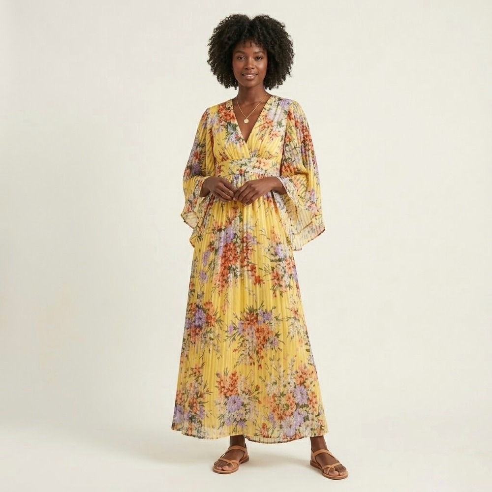 Vintage‎ Yellow Floral Pleated V-Neck Flutter Sleeve Maxi Dress Tie Waist